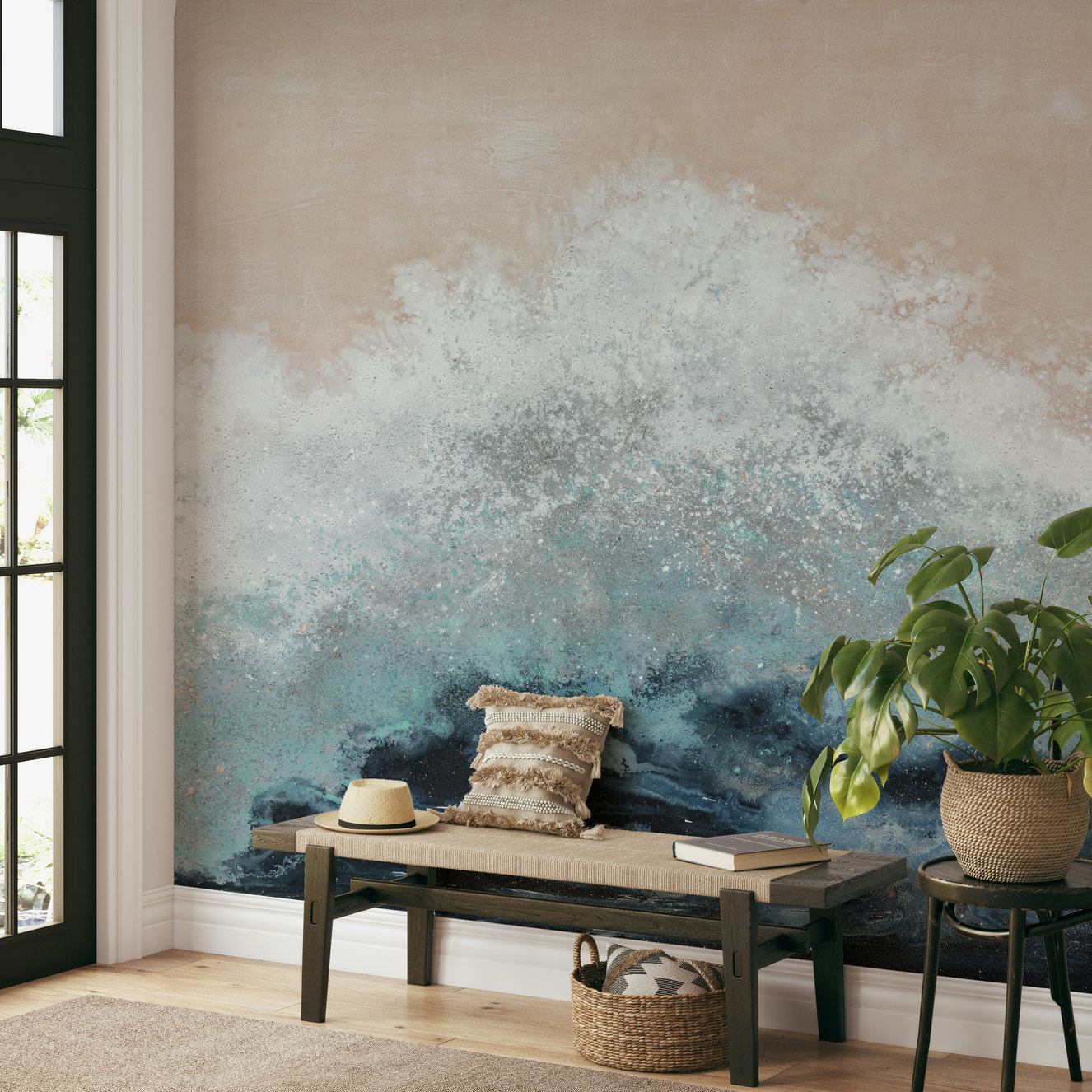A wall mural of an abstract, coastal scene.

