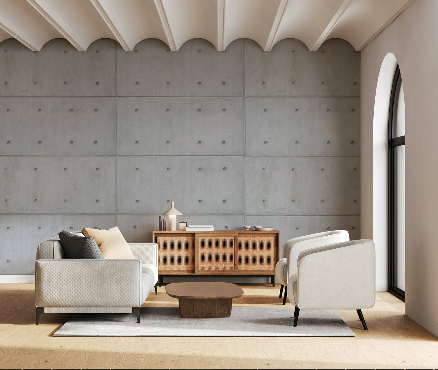 The colors are soft, muted tones of gray, white, and beige.

