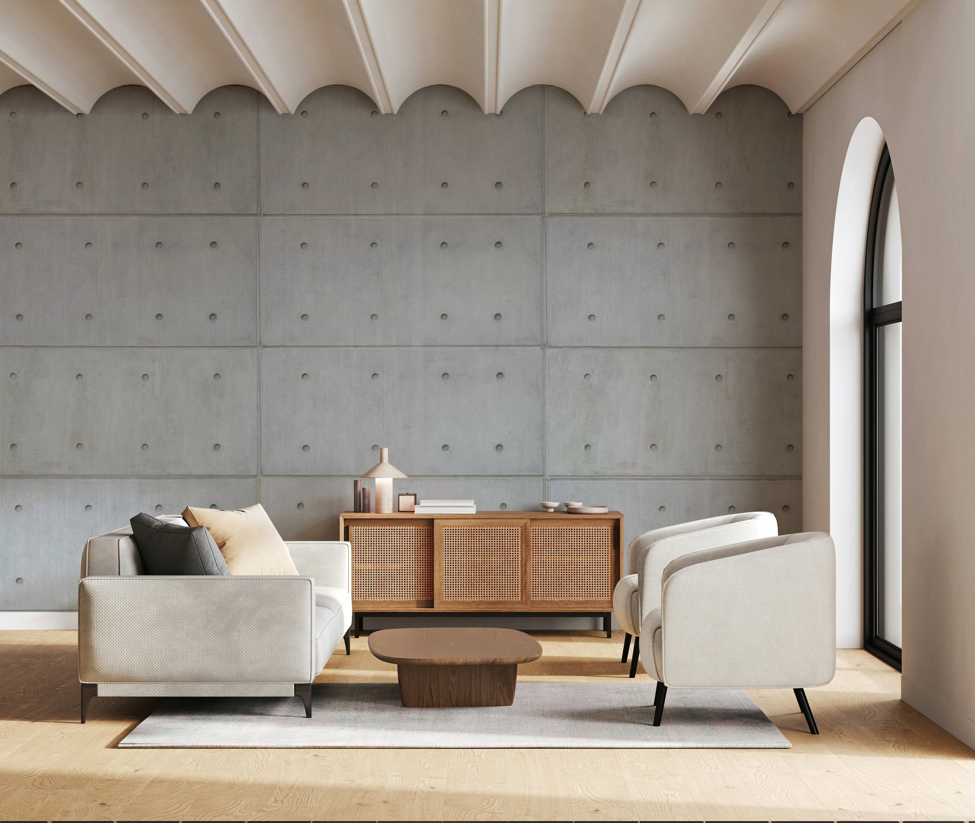 The colors are soft, muted tones of gray, white, and beige.

