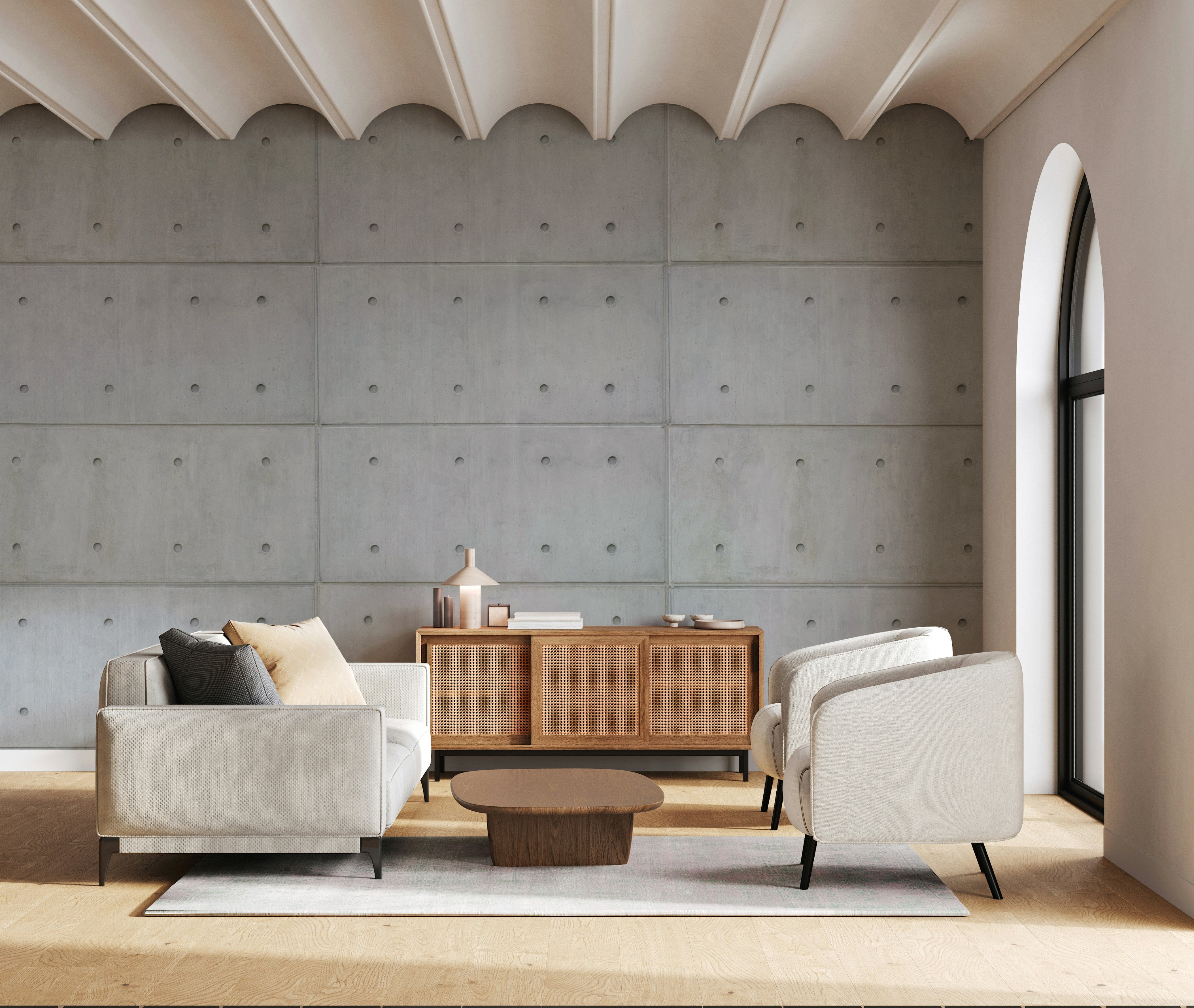 The colors are soft, muted tones of gray, white, and beige.


