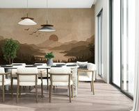 A wall mural of a monochrome mountain range.

