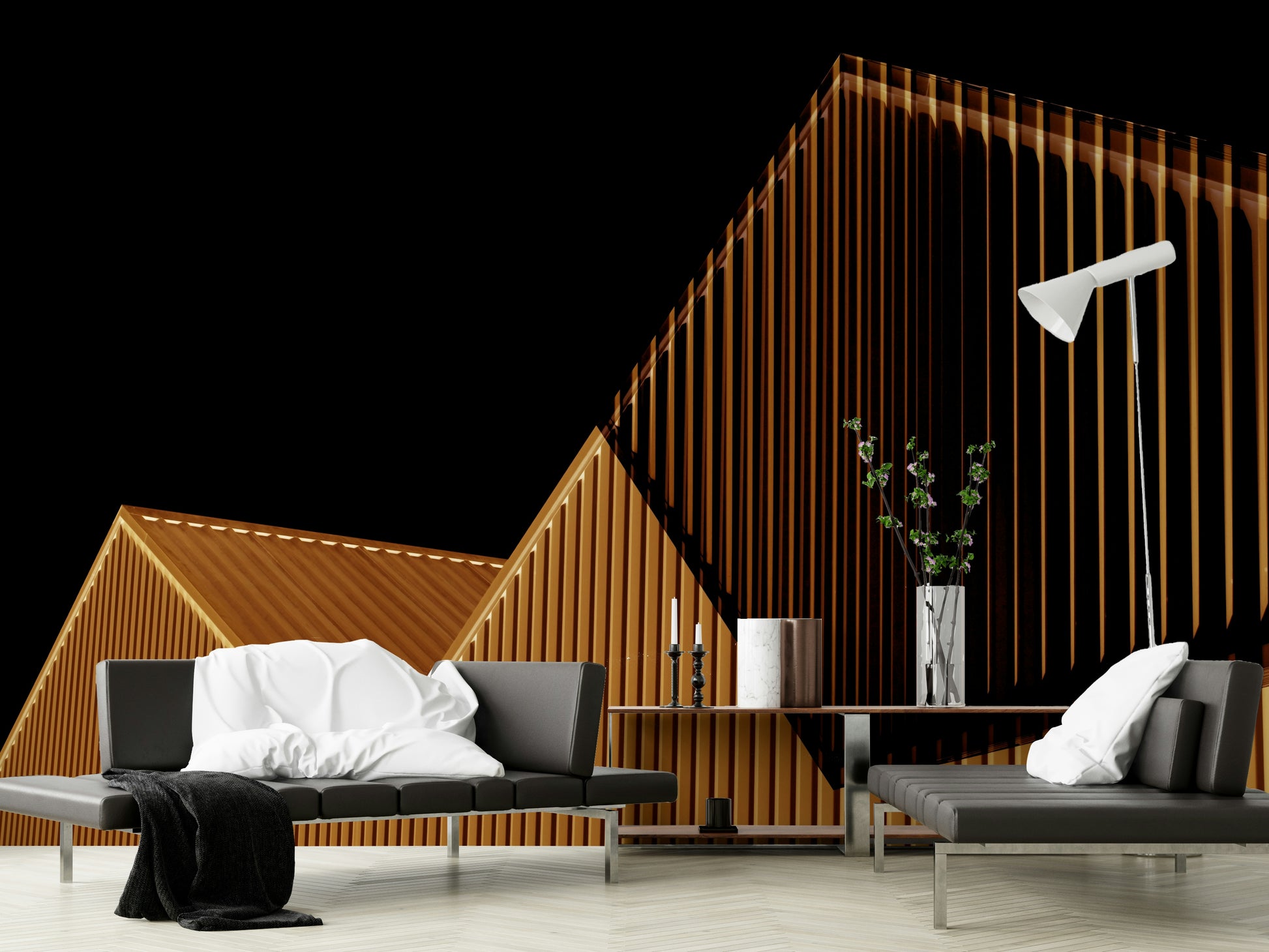 The composition is an abstract, linear pattern.

