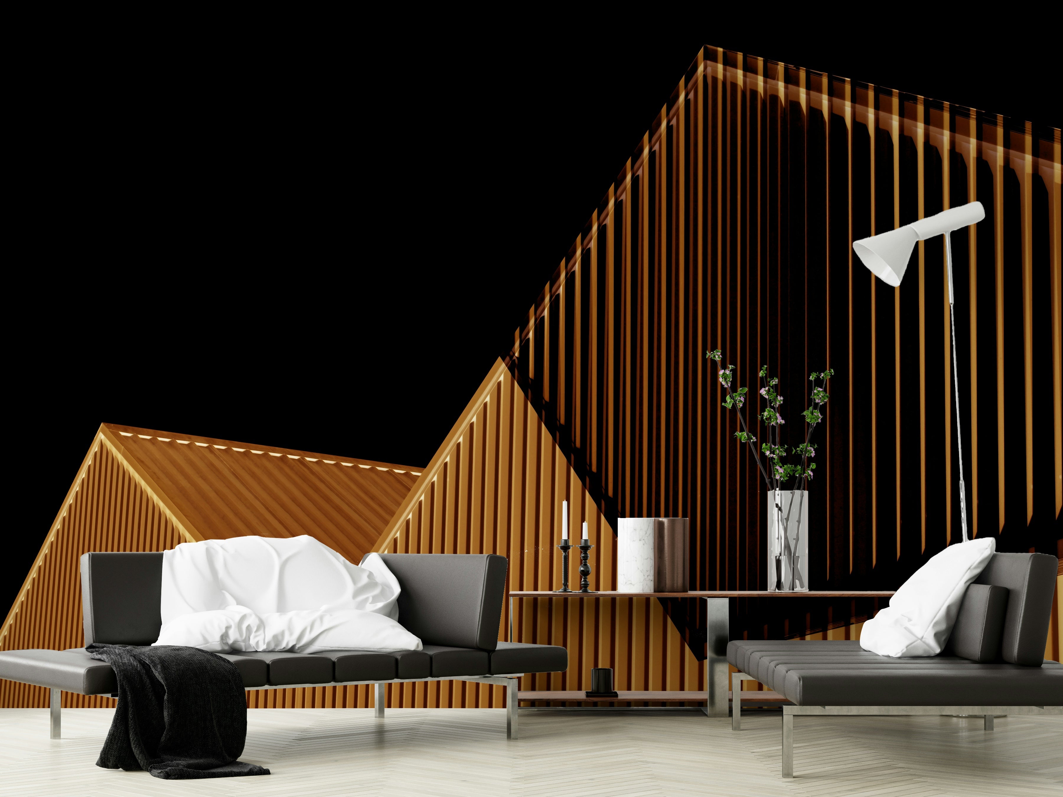 The composition is an abstract, linear pattern.


