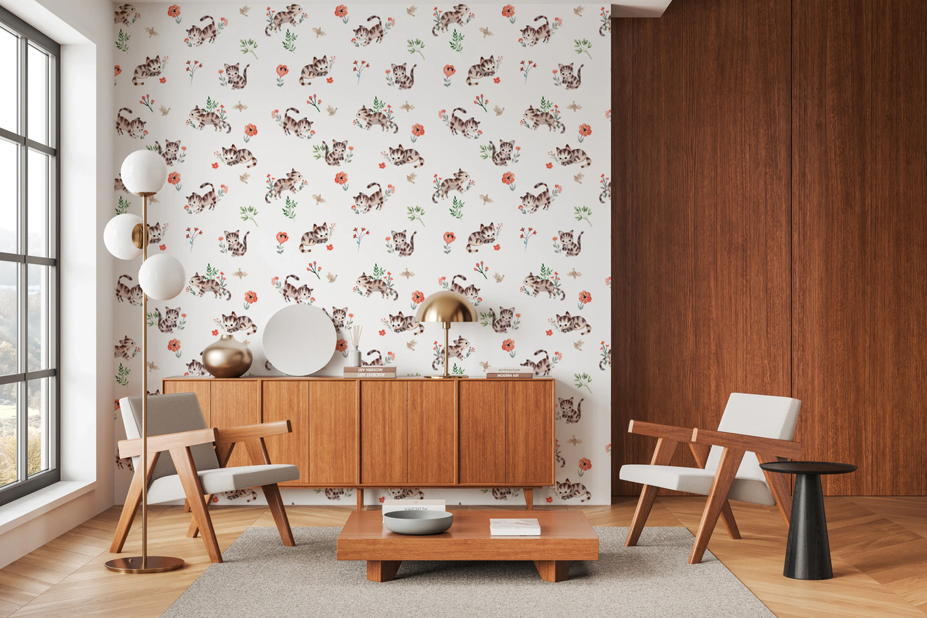 Watercolor kitten wallpaper with flowers for kids room