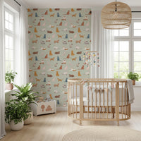 Adorable sitting cat motifs on nursery wallpaper