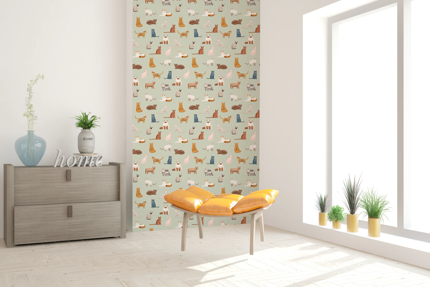 Modern hand-drawn kitten print nursery wallpaper