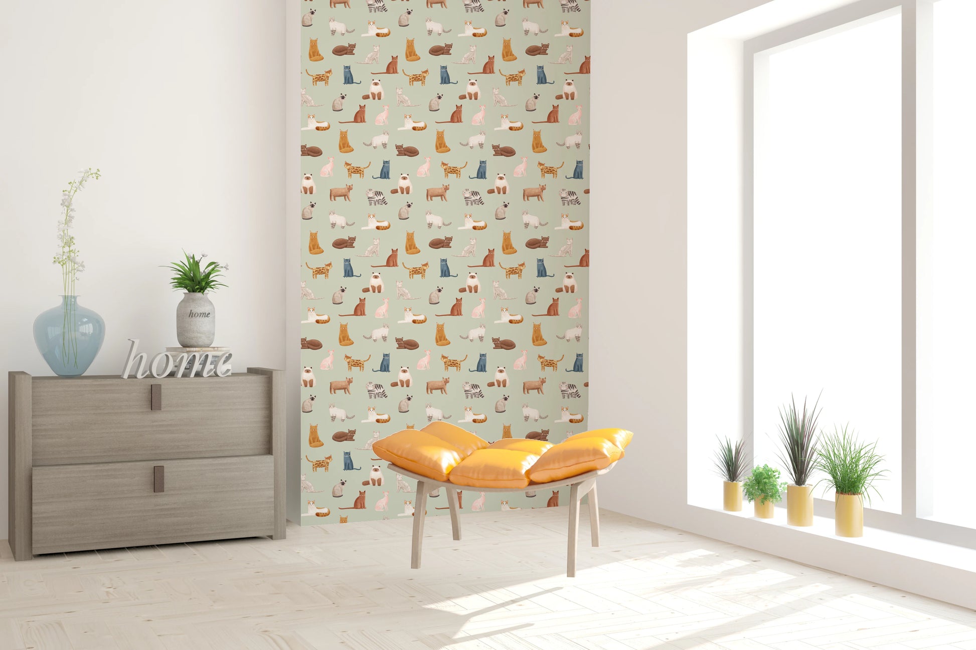 Modern hand-drawn kitten print nursery wallpaper