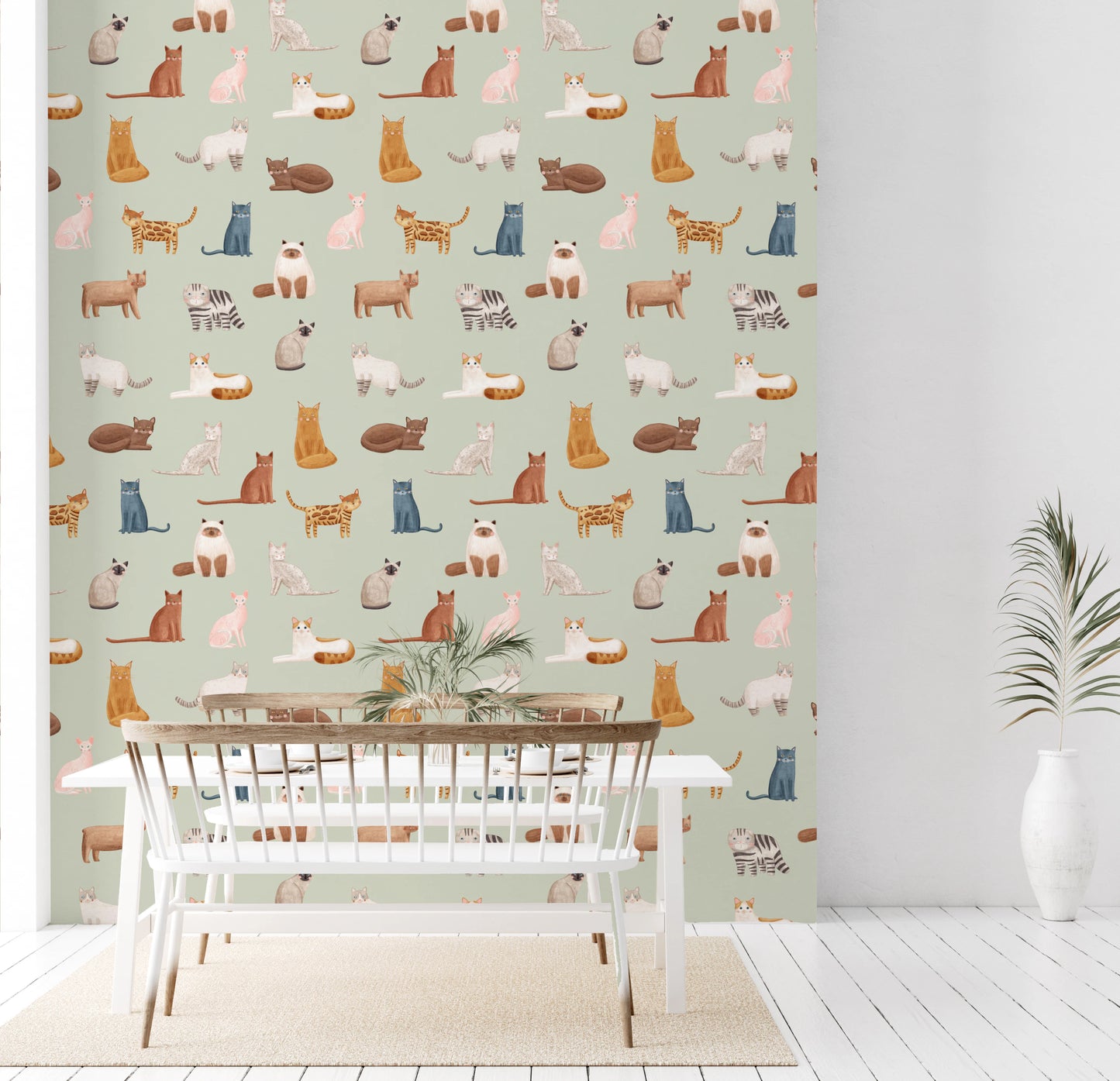 Whimsical hand-painted cat pattern nursery wallpaper