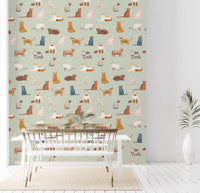Whimsical hand-painted cat pattern nursery wallpaper
