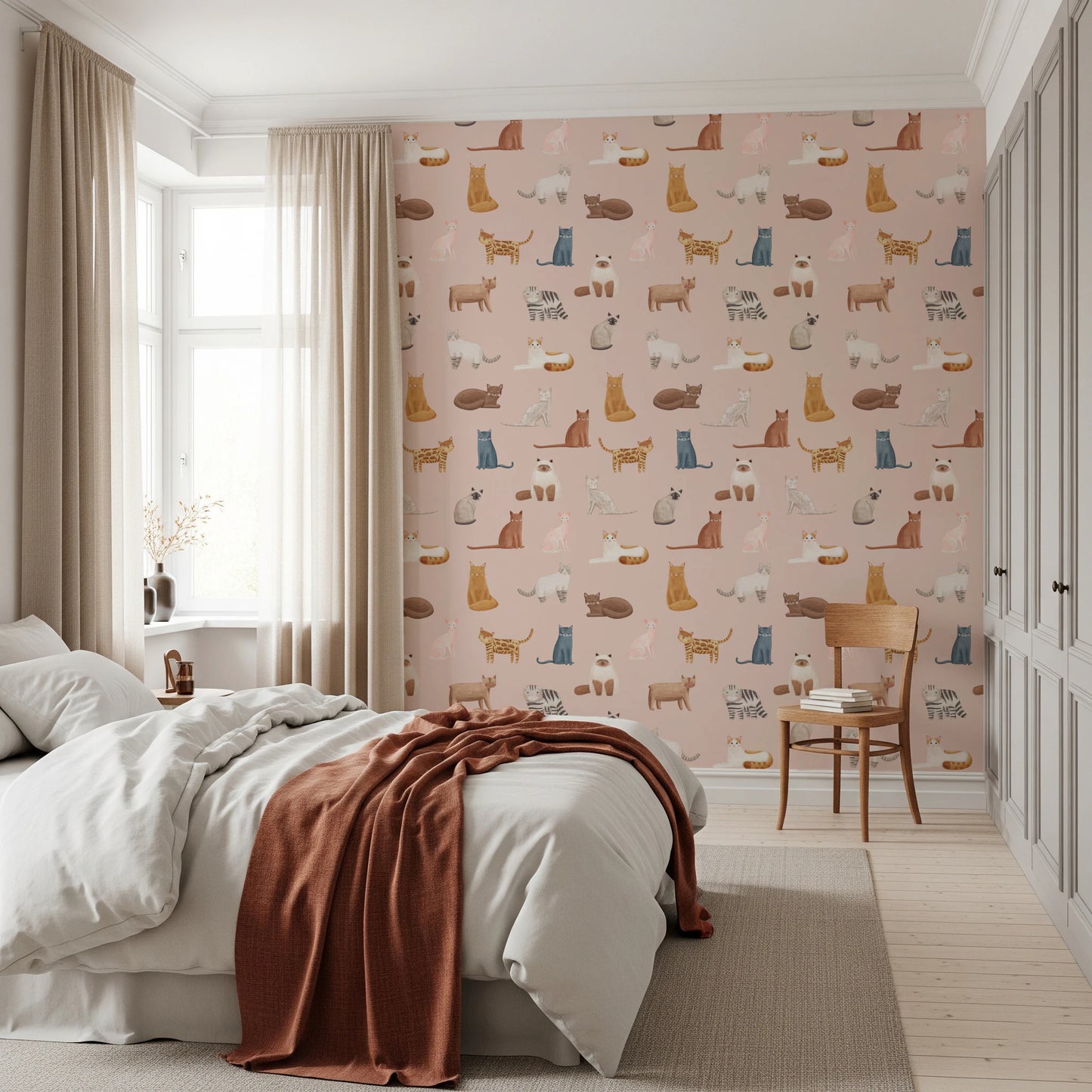 Soft pink cat motif nursery wallpaper