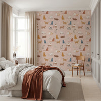 Soft pink cat motif nursery wallpaper