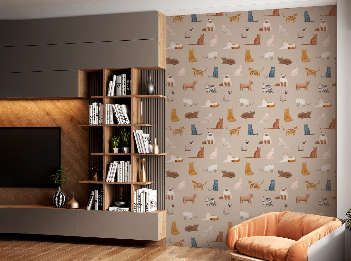 Hand painted kitten motifs beige wallpaper