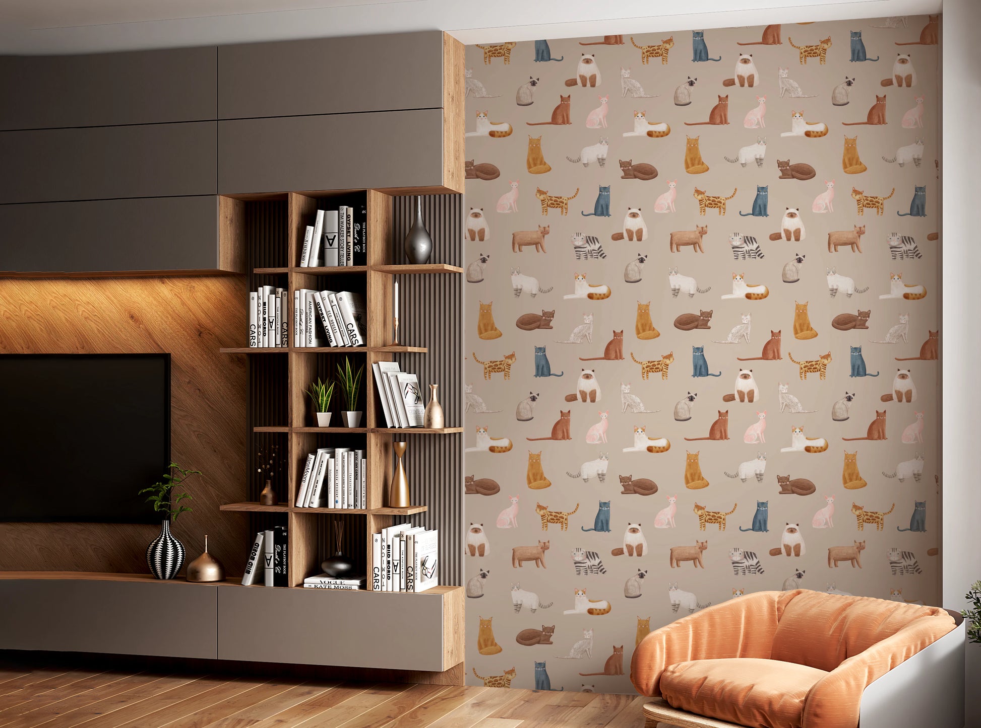 Hand painted kitten motifs beige wallpaper