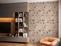 Hand painted kitten motifs beige wallpaper