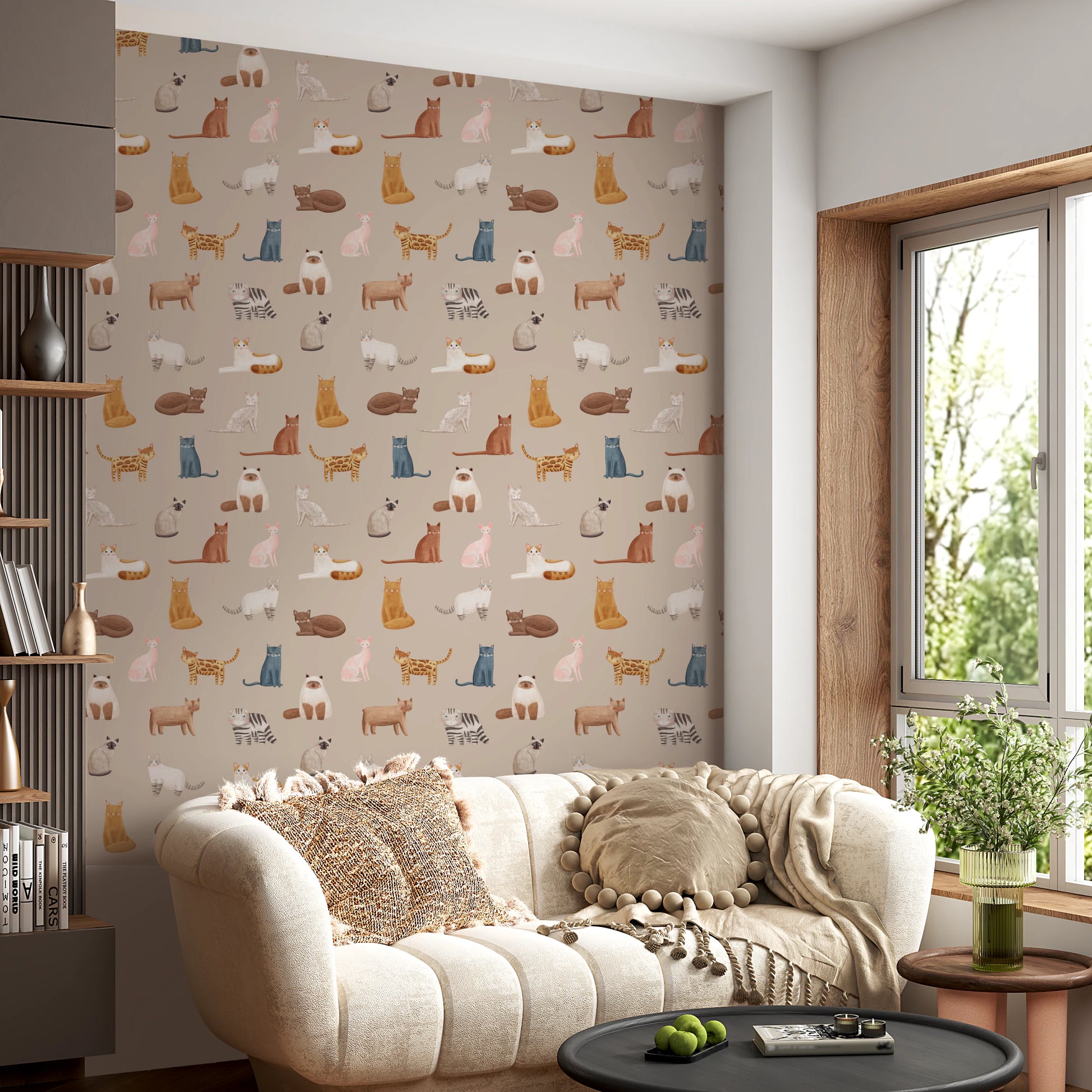 Artistic beige feline print nursery wall mural