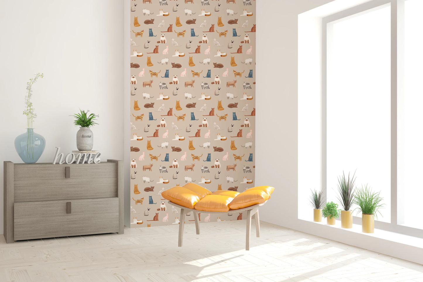 Soft neutral cat pattern kids nursery wallpaper