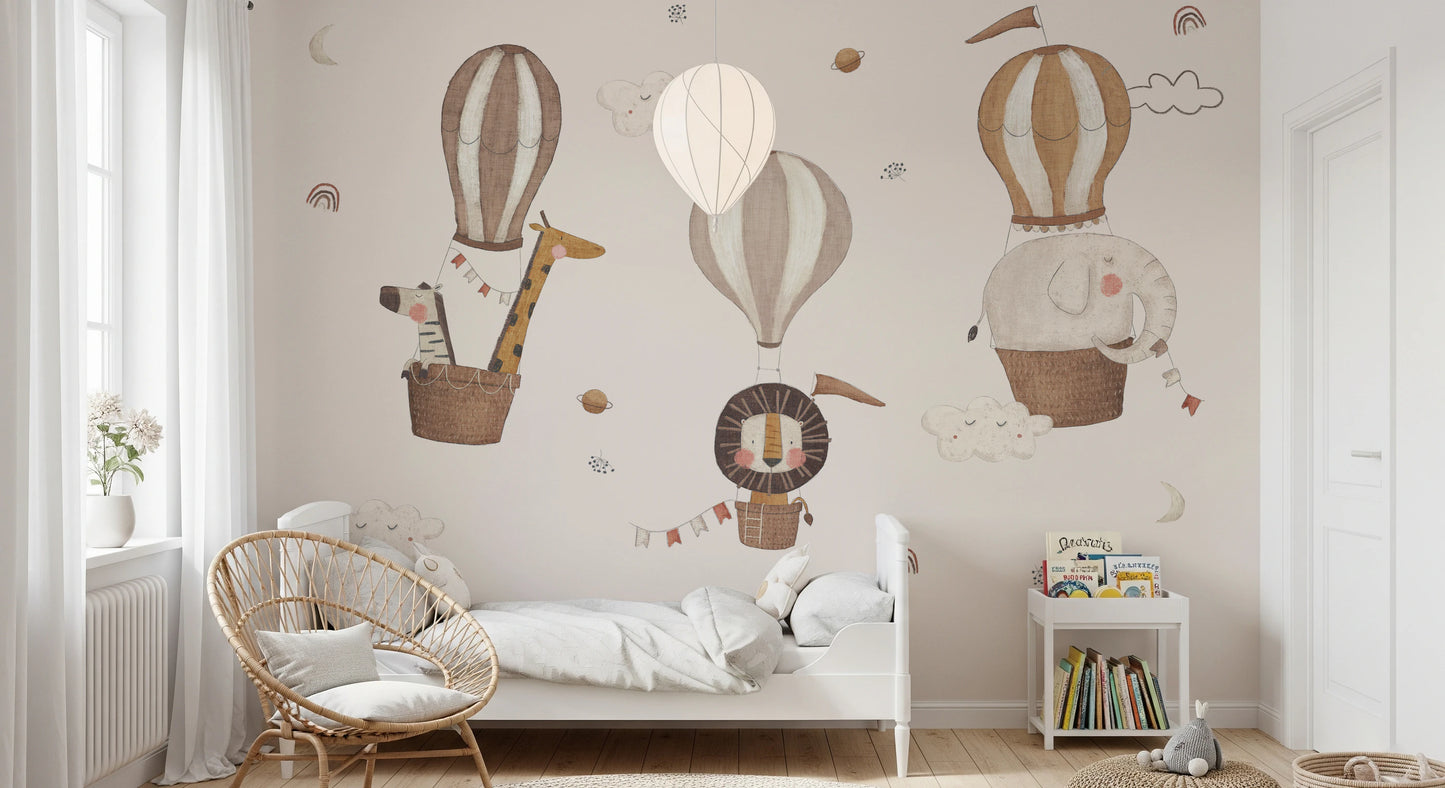 Vintage style safari hot air balloons wallpaper for a serene interior look.