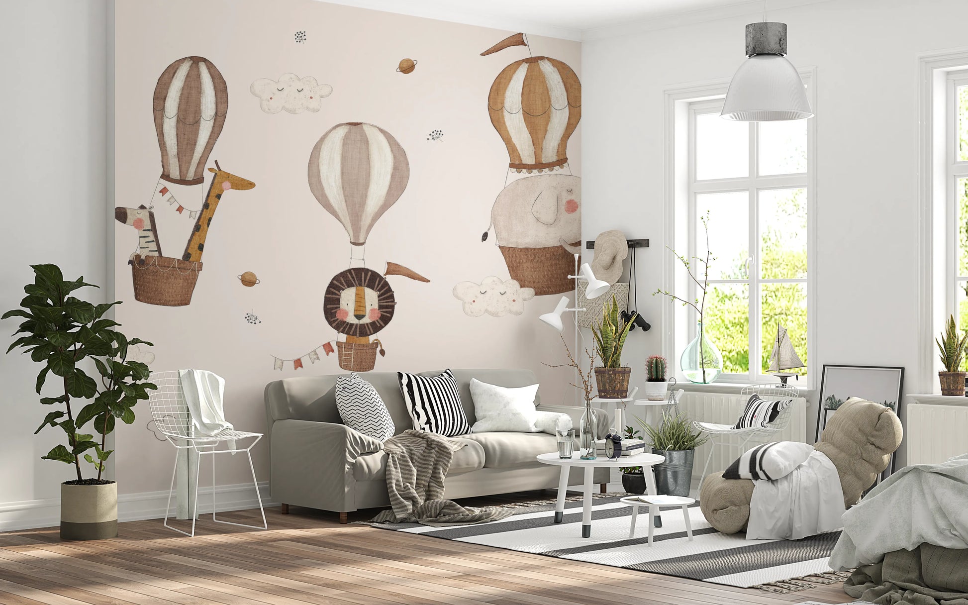Safari hot air balloons wall mural with elephants and giraffes in pastel shades.