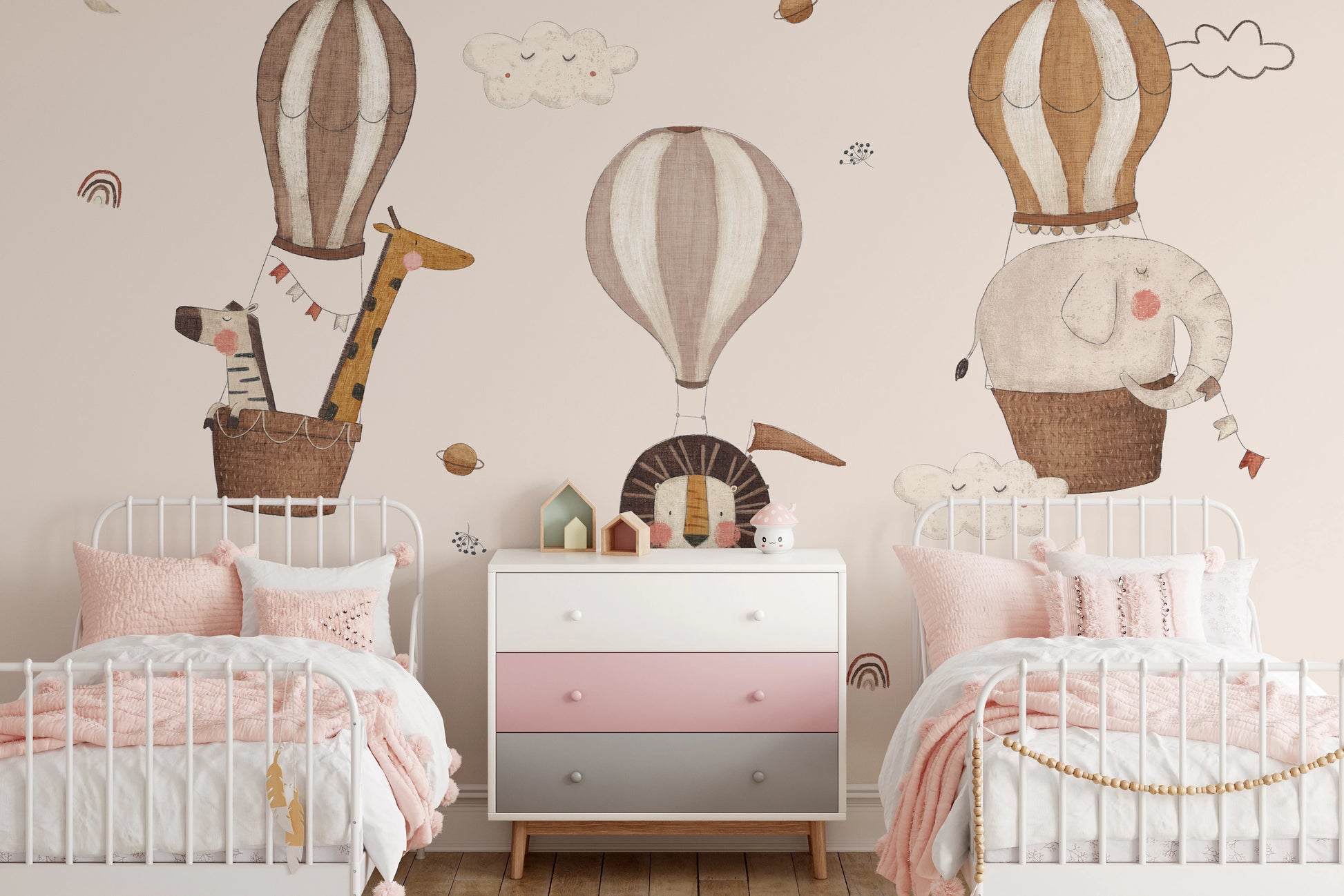 Elegant safari hot air balloons wallpaper in earthy and muted color tones.