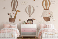 Elegant safari hot air balloons wallpaper in earthy and muted color tones.
