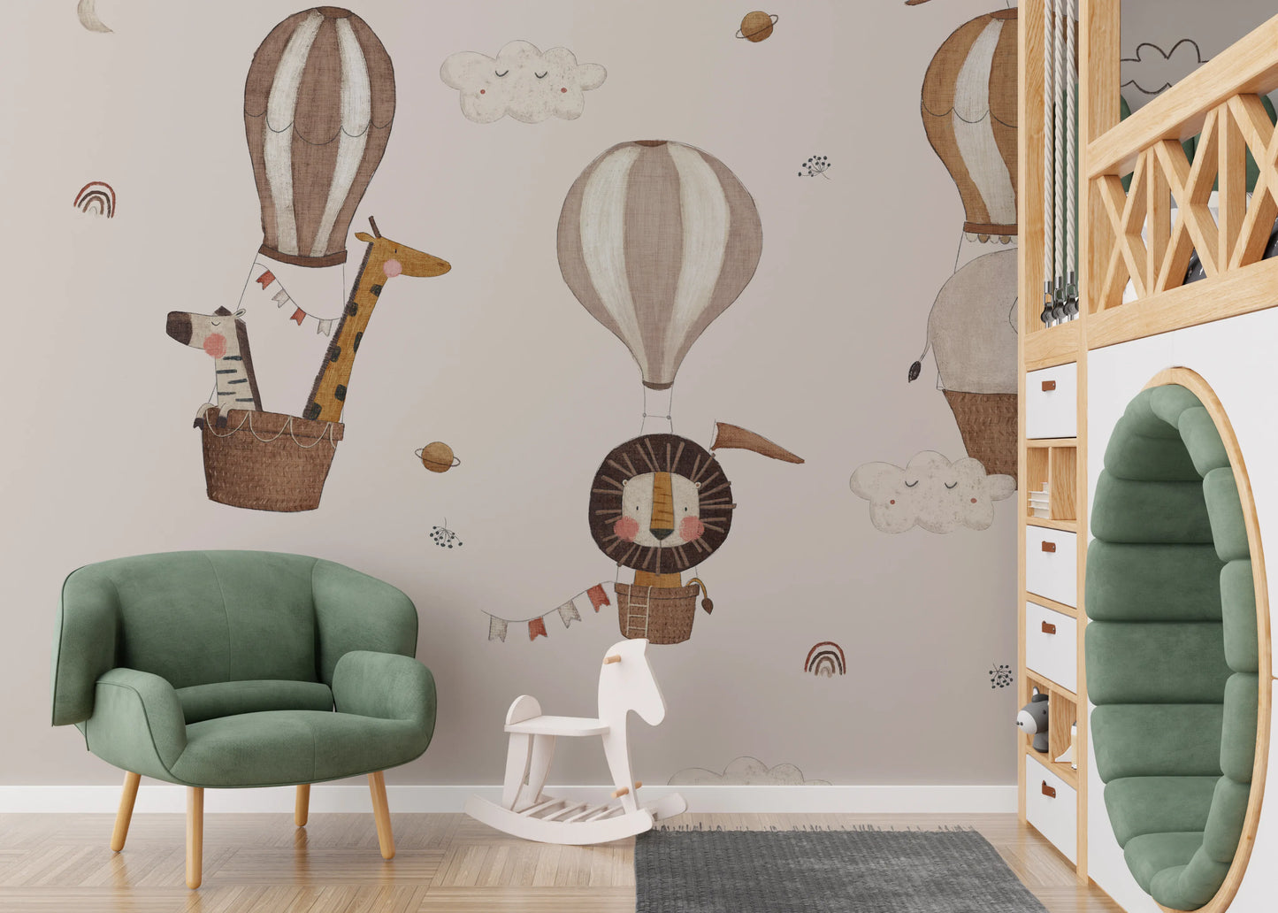 Large scale wall mural showing majestic animals traveling in decorative balloons.