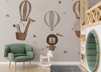 Large scale wall mural showing majestic animals traveling in decorative balloons.