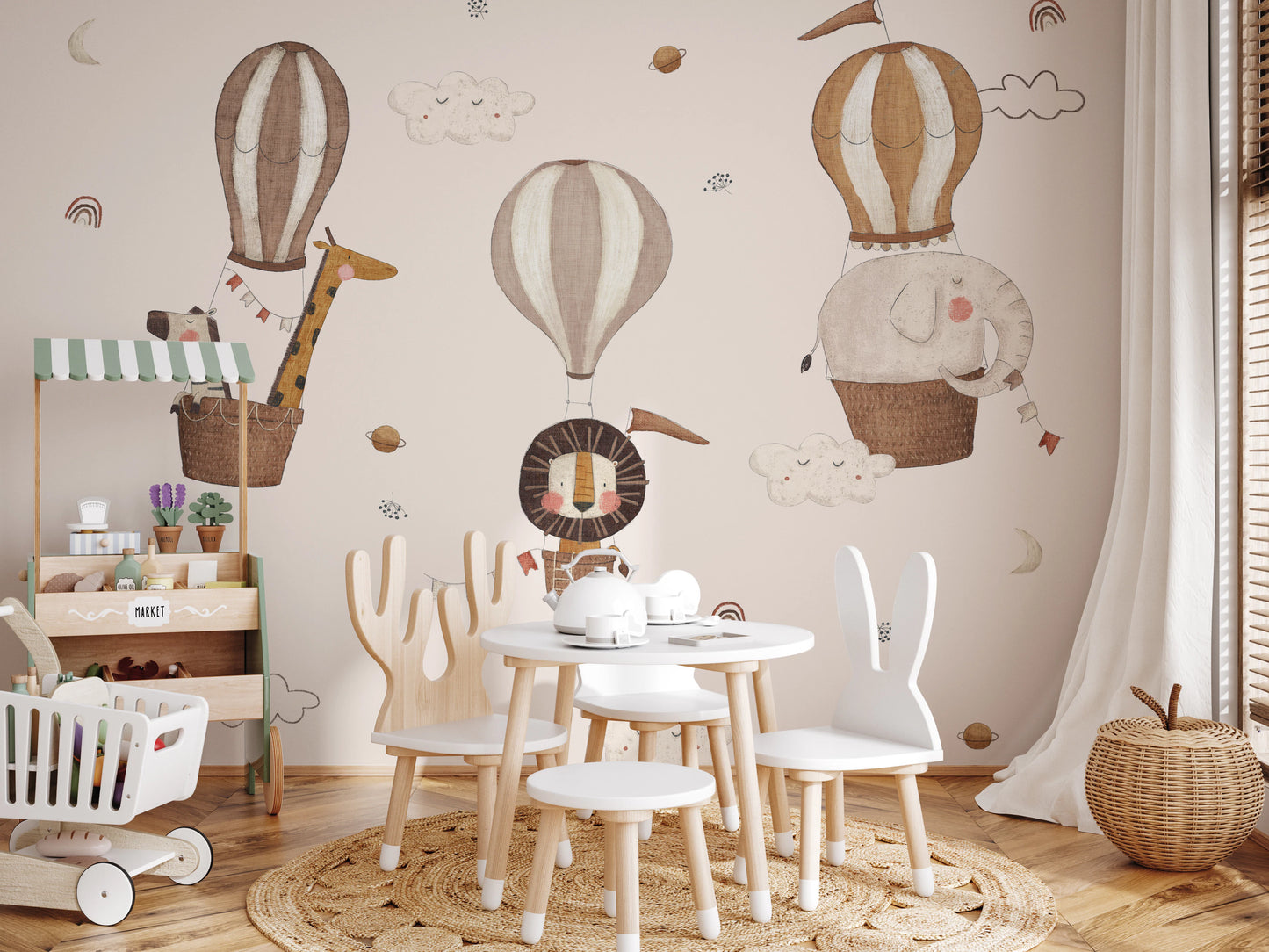 Soft watercolor animal illustrations on a high-quality wall mural.