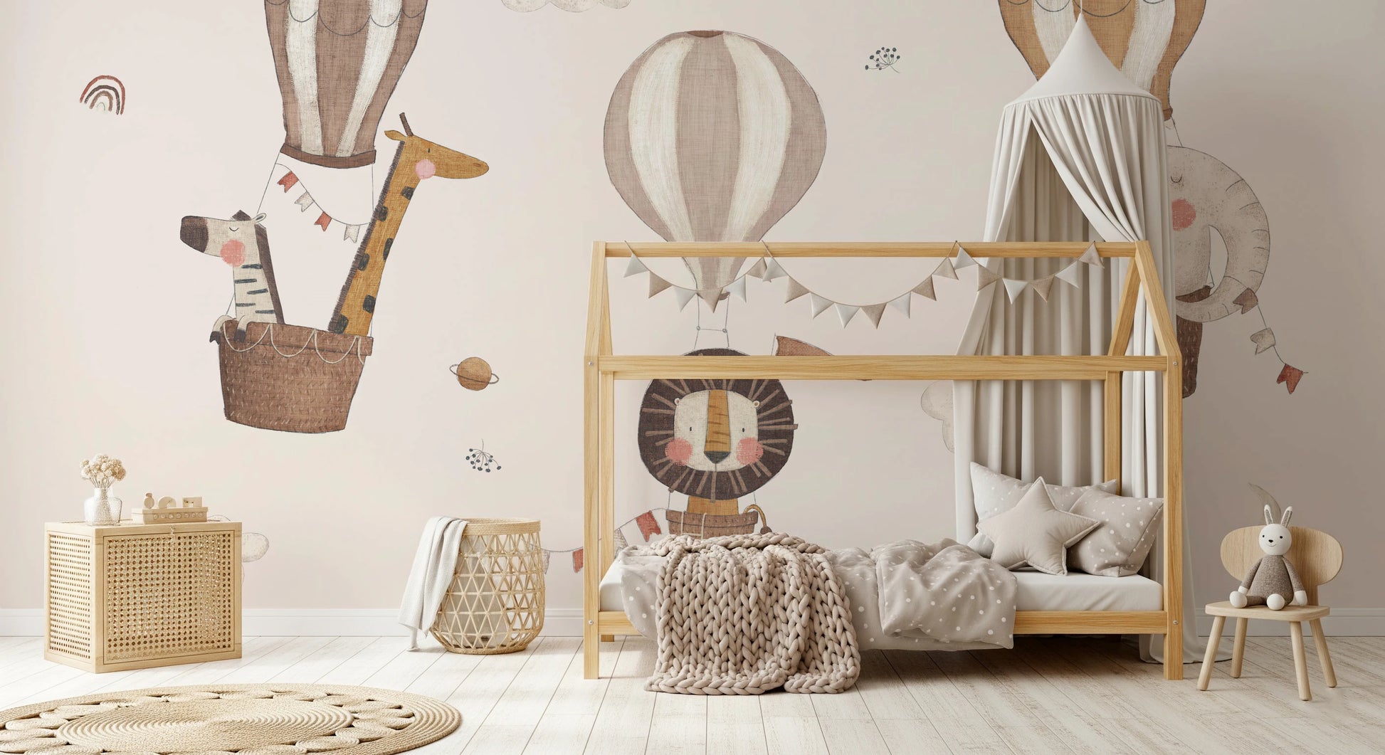 Illustrated lions and zebras on a soft sky background wall mural.