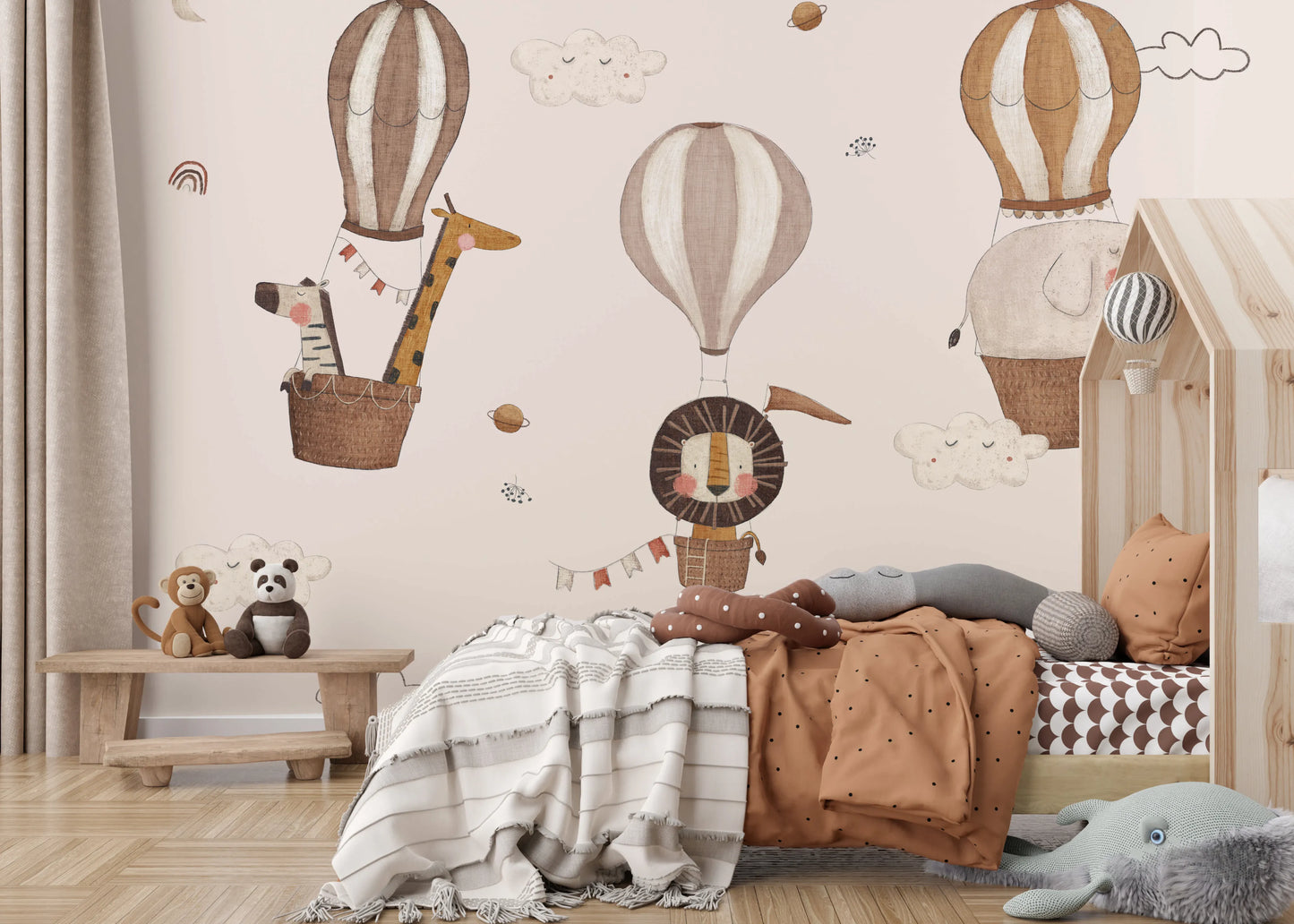 Detailed safari themed wall mural with flying balloons and jungle creatures.