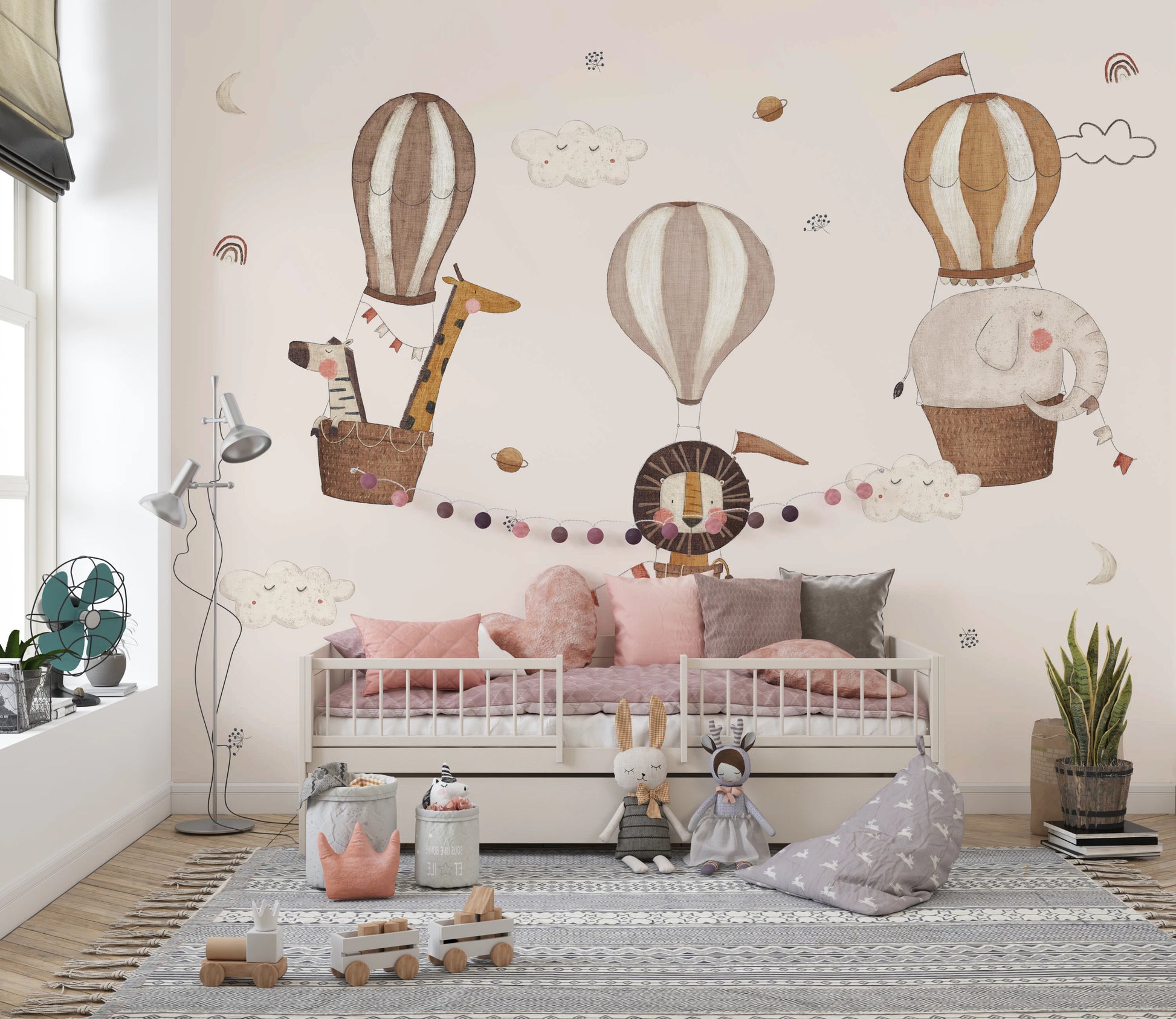 Neutral toned safari hot air balloons wallpaper with clouds and birds.