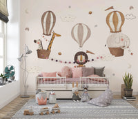 Neutral toned safari hot air balloons wallpaper with clouds and birds.