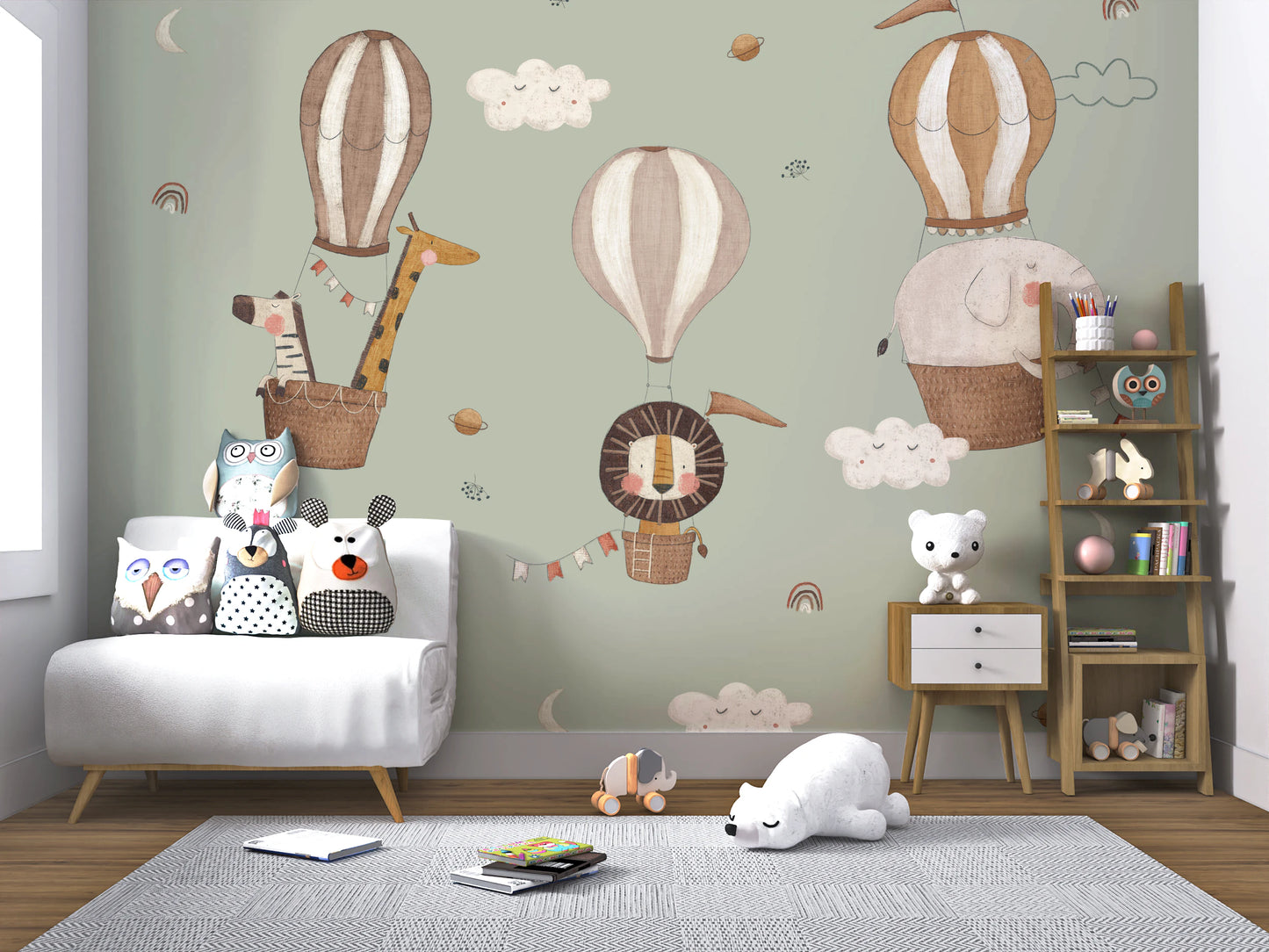 Whimsical Animal Balloon Ride Green Wall Mural with tiny rainbows.
