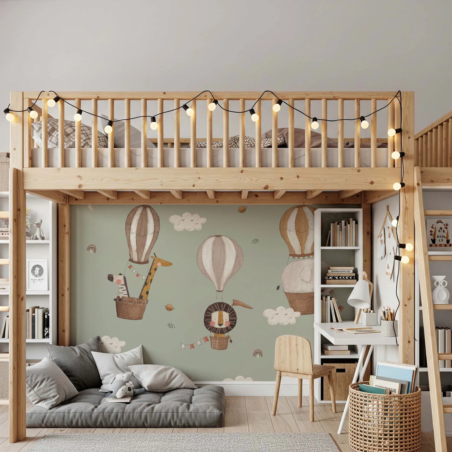 Illustrated elephant and giraffe ballooning on a green wallpaper.