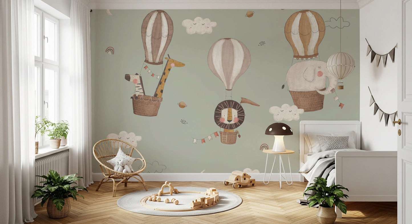 Nursery wallpaper featuring a lion in a striped hot air balloon.
