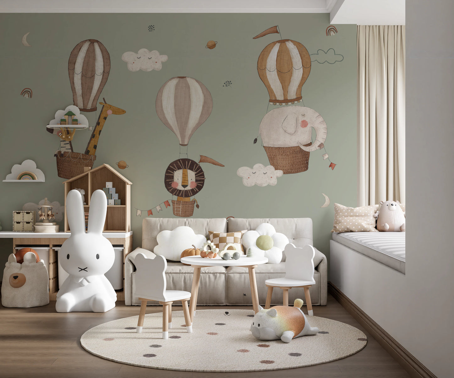 Safari animal wall mural in earthy tones for a calming atmosphere.