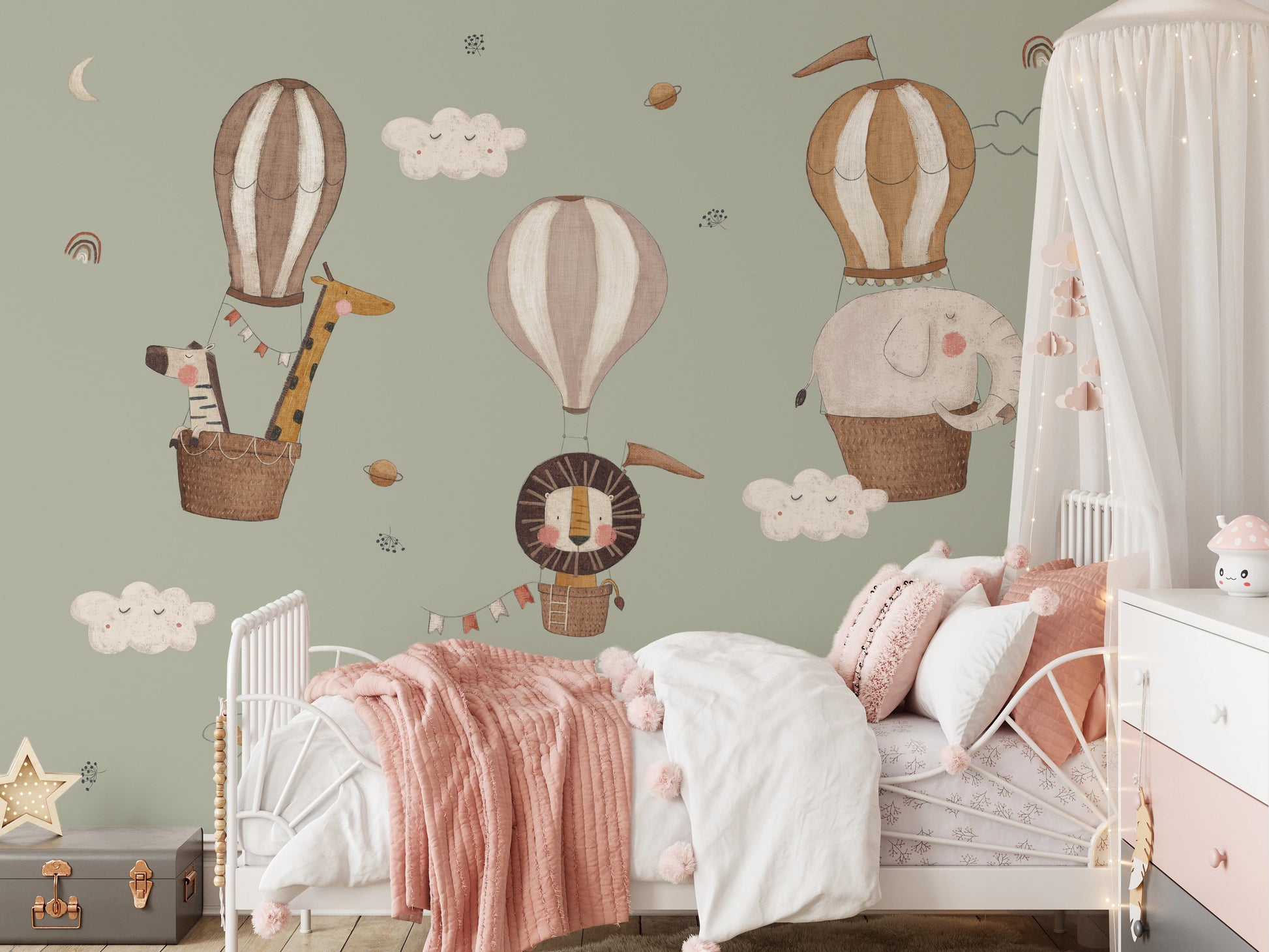 Neutral toned nursery wall mural with floating animals and moons.
