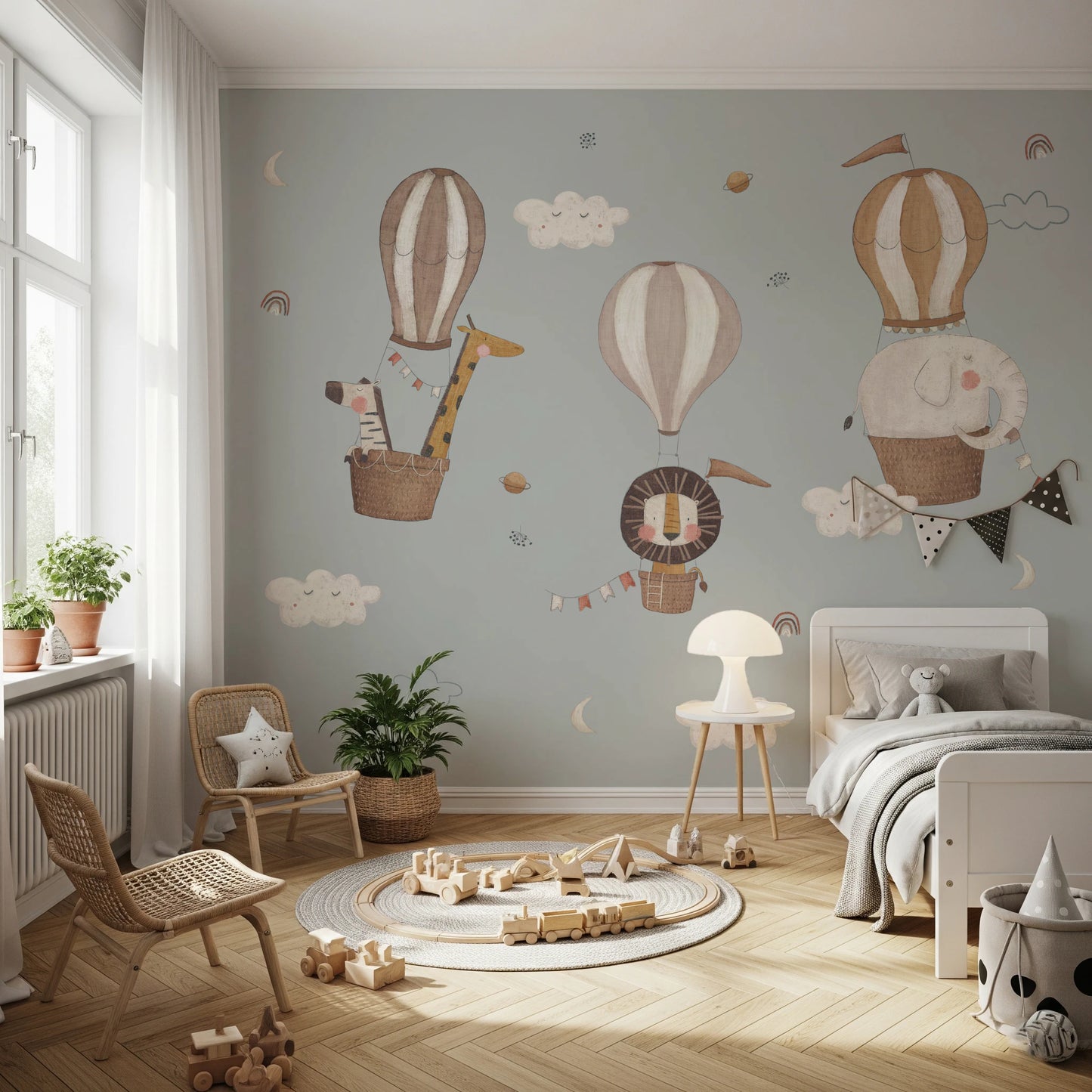 Safari animals in baskets hot air balloon wall mural.