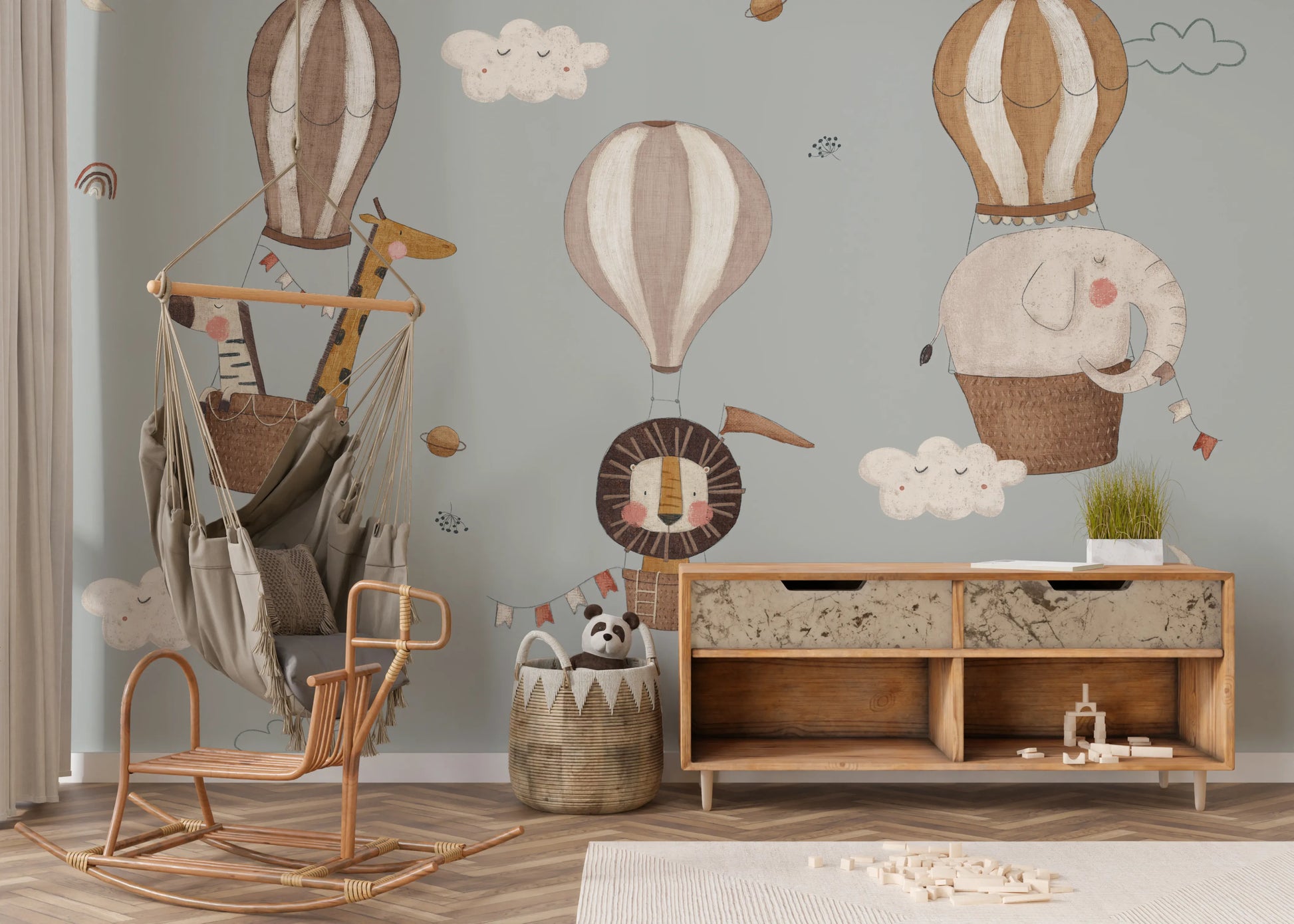 Boho style nursery animal sky wall mural.