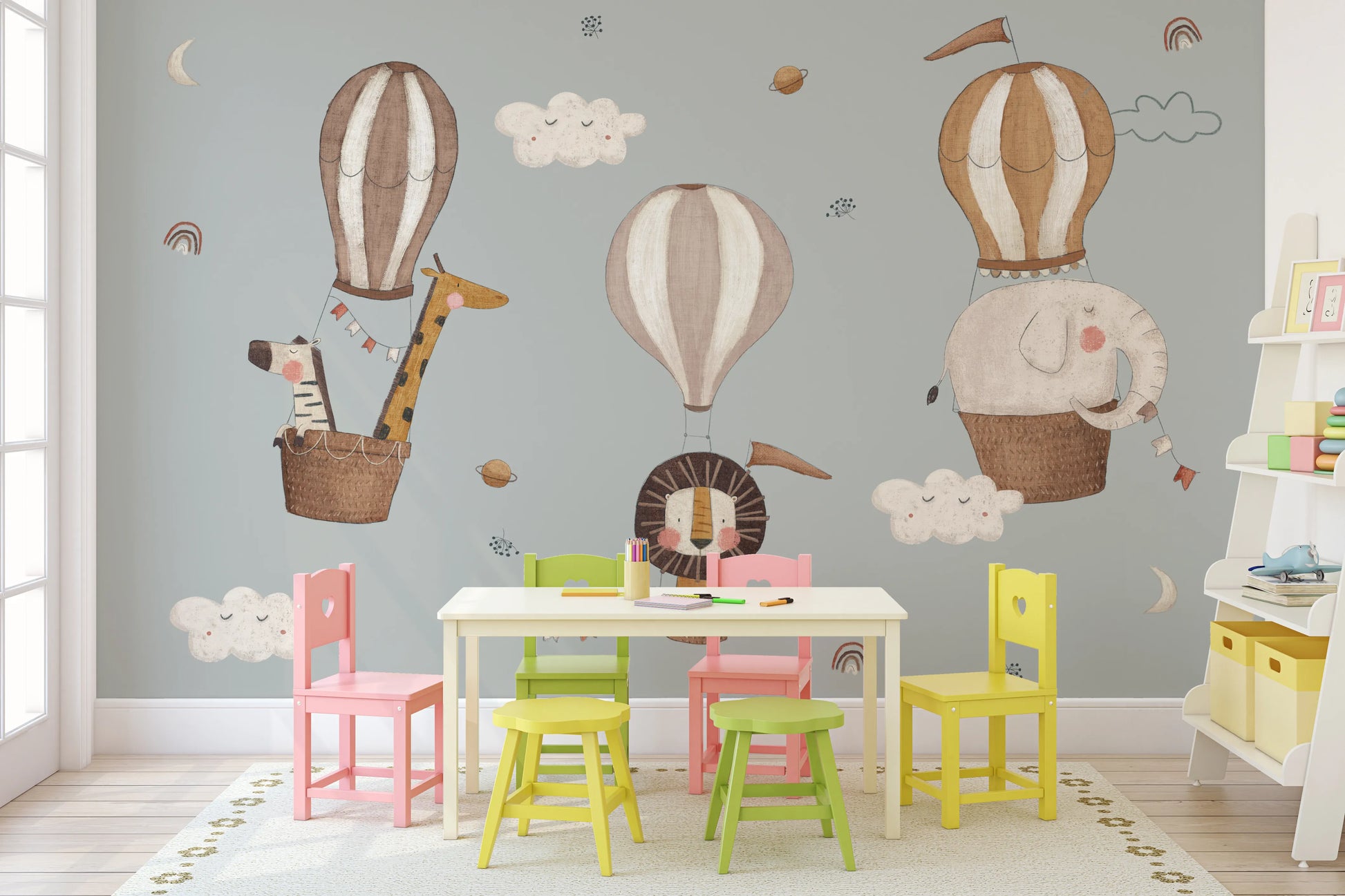 Sage green nursery sky scene wall mural.