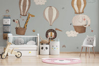 Earth tone safari hot air balloon wallpaper for kids room wall.