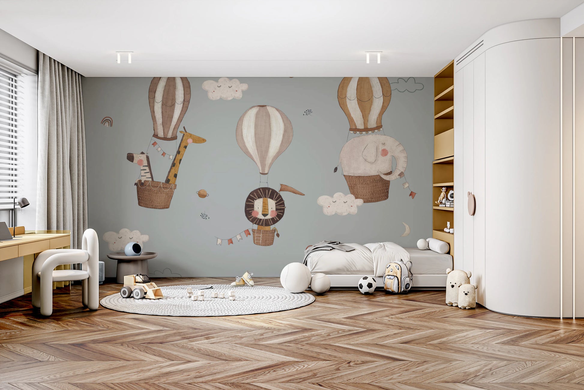 Hand-painted lion drifting in sky wall mural.