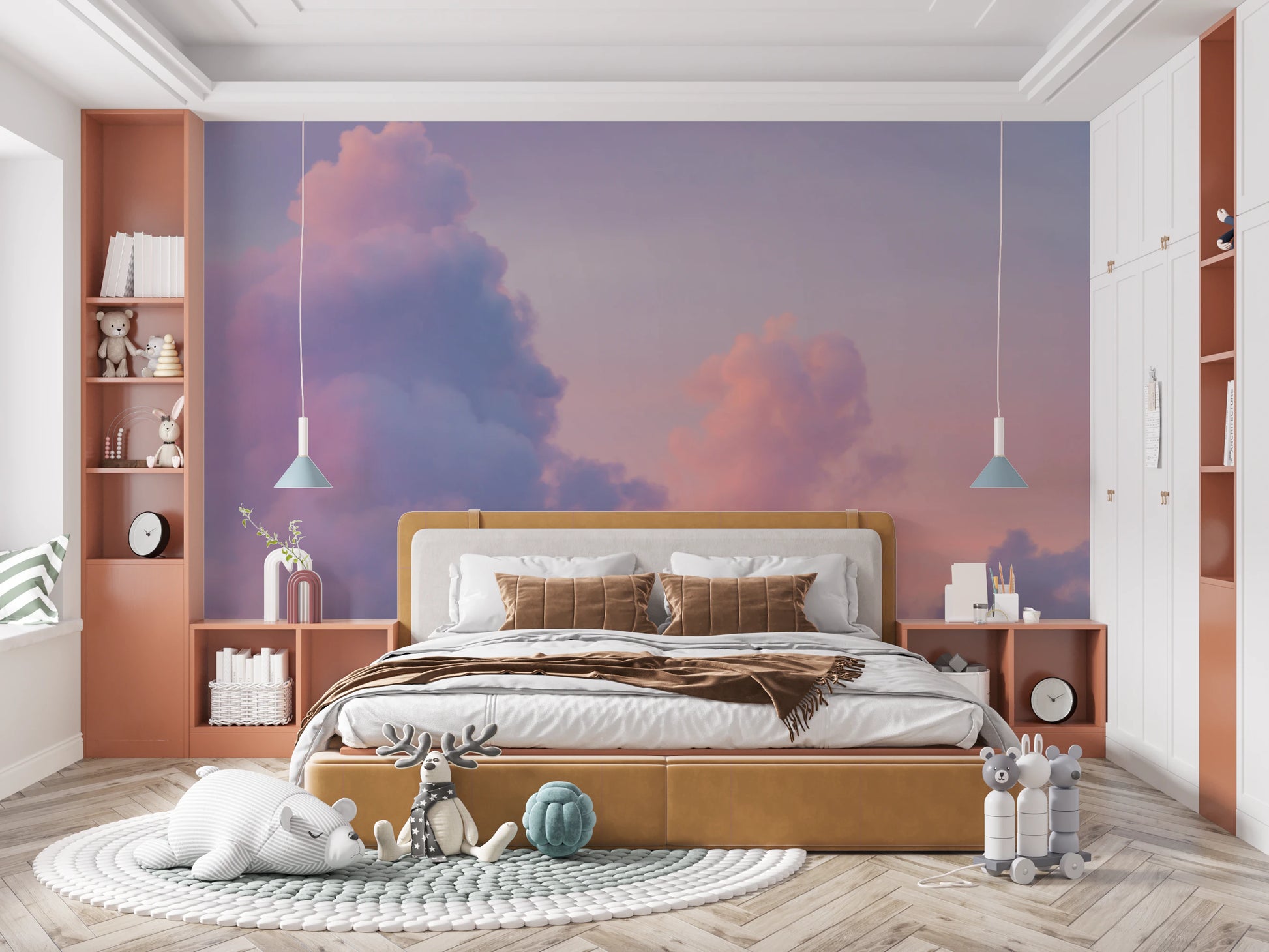 Cotton candy skies wall mural with pink tones.