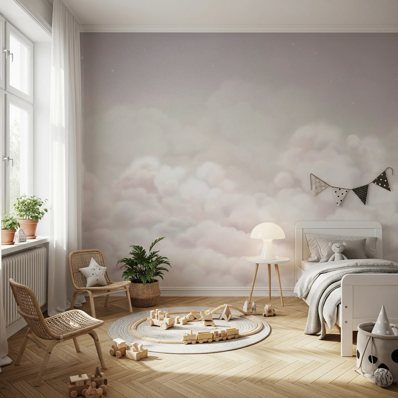 Calming Clouds Pink Wall Mural in a kids bedroom with a wooden bed and wicker chairs.