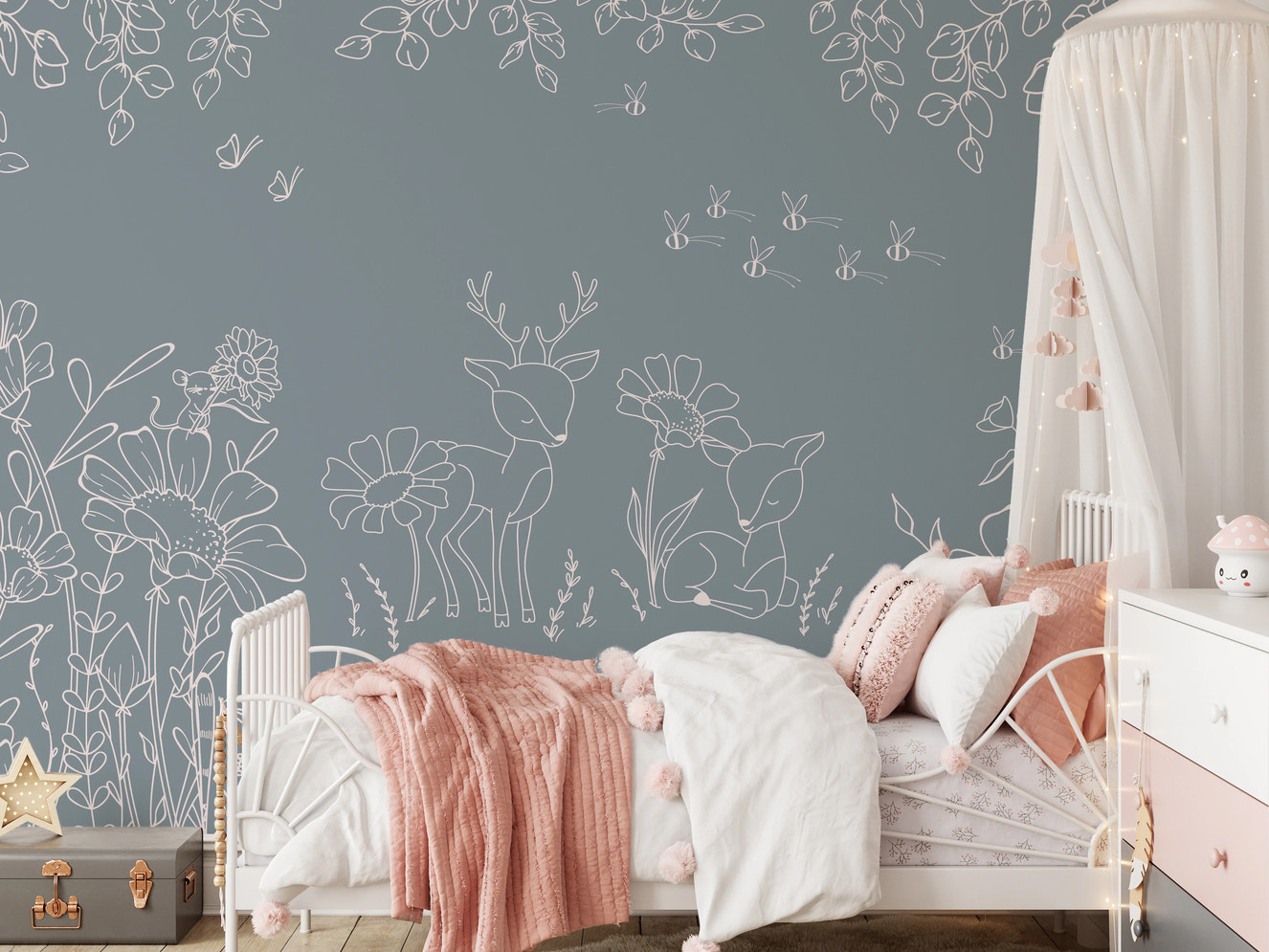 Deer Doodles Blue Wall Mural in a girls bedroom with pink bedding.