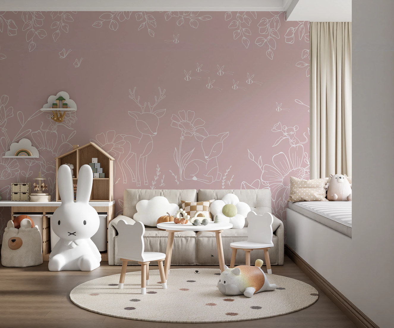 Kids playroom with Deer Doodles Pink Wall Mural and white bunny chair.