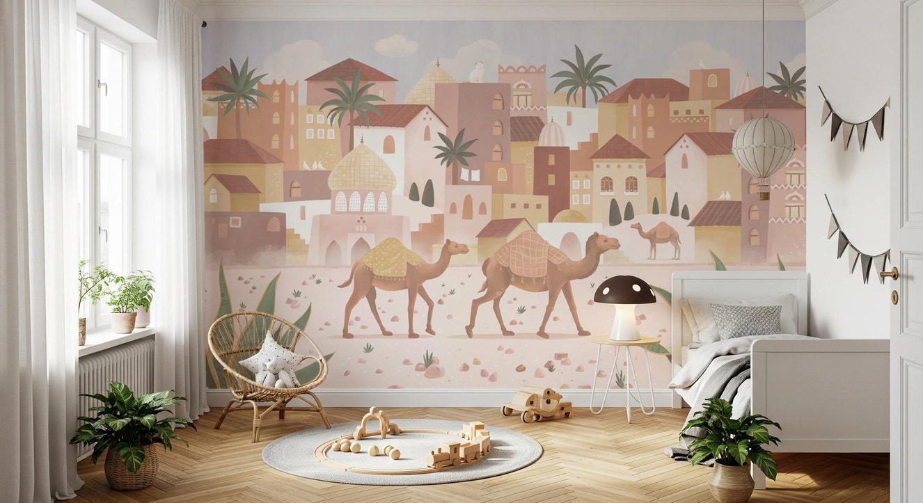 Desert Dreams Wall Mural in a minimalist bedroom with a wooden crib and round rug.