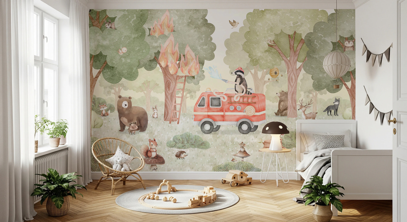 Forest Fire Fighter Wall Mural in a minimalist bedroom with a wooden chair.