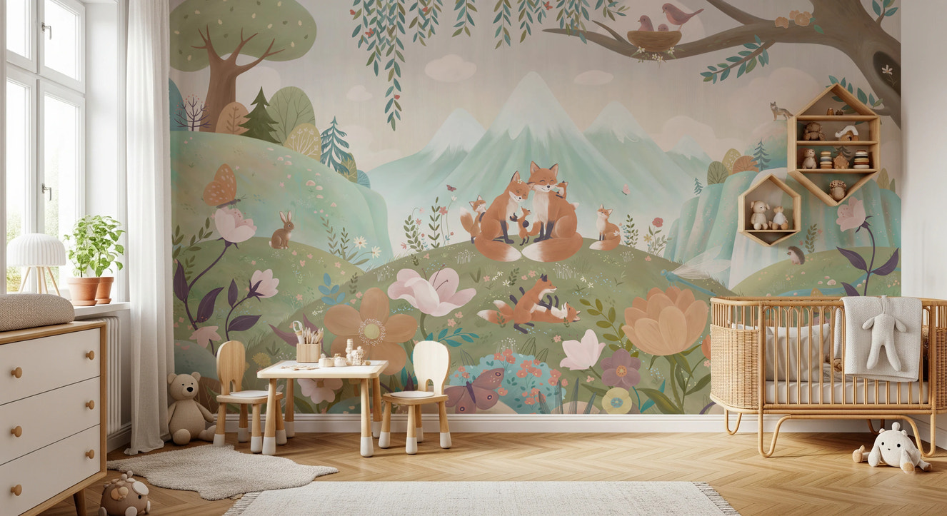 Fox Family Wall Mural in a nursery with a wooden crib and mountain backdrop.