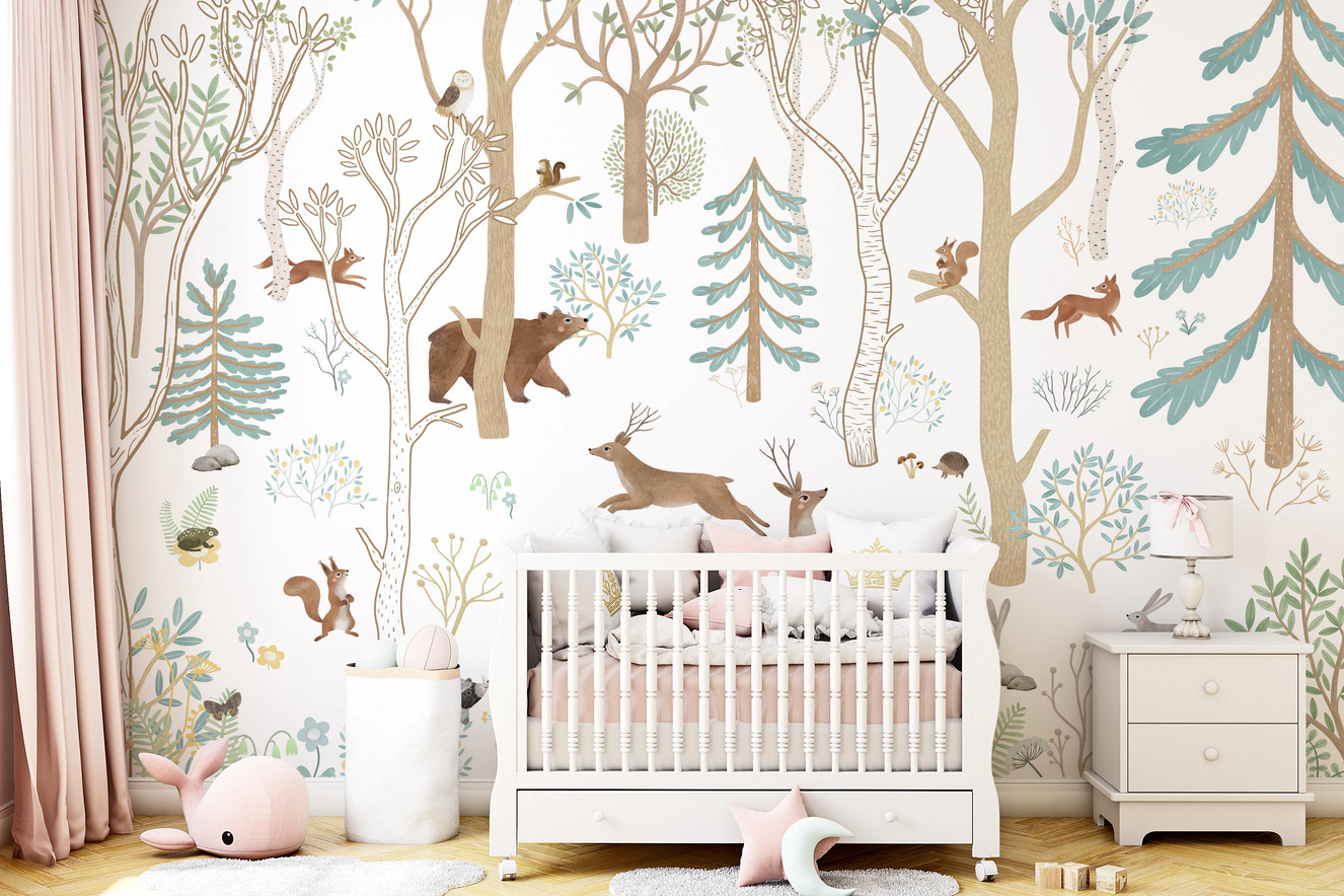 Frisky Forest Blue Wall Mural behind a white crib in a baby nursery.