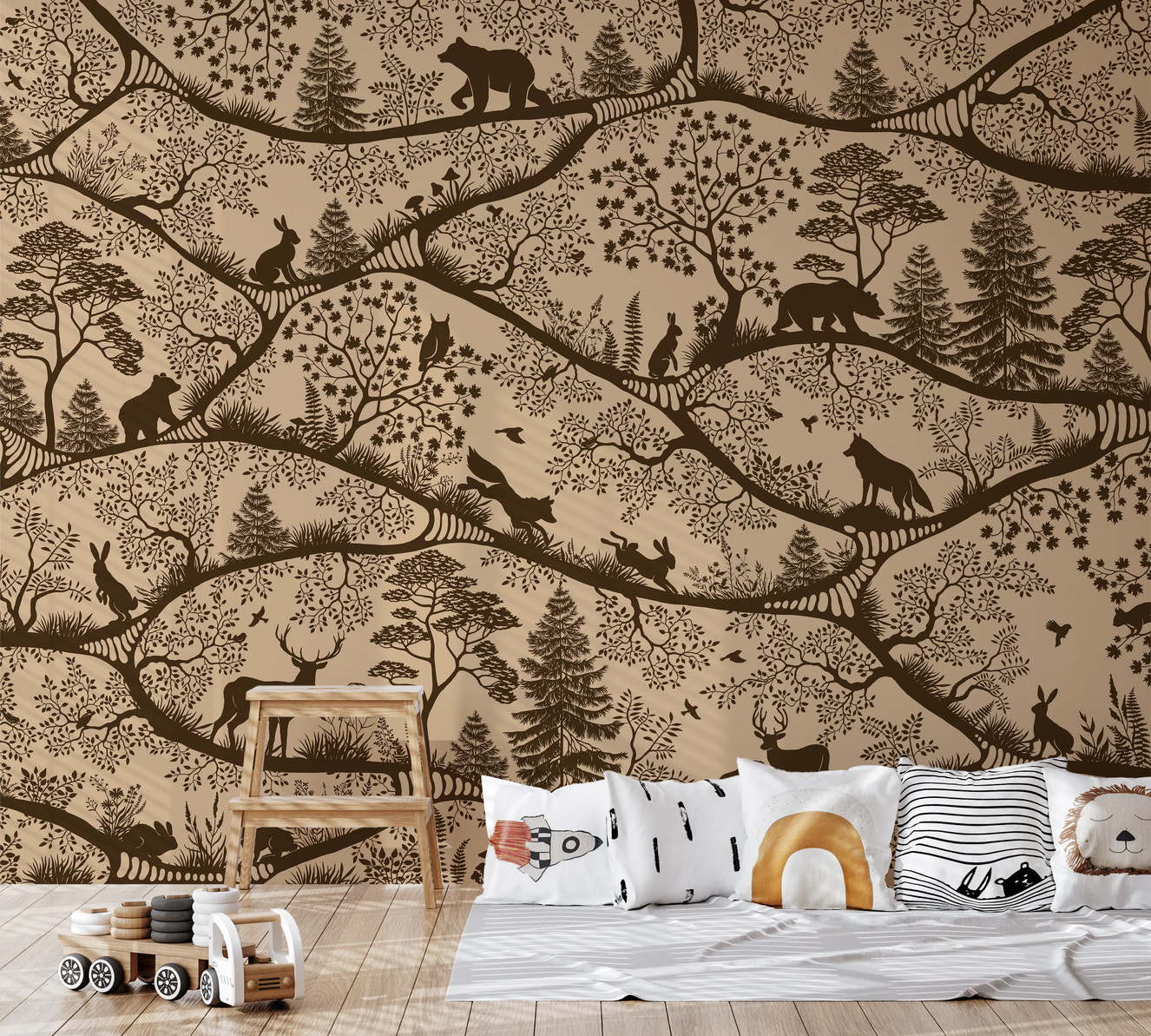 Nordic Nature Beige Brown Wall Mural in a playroom with white floor cushions.